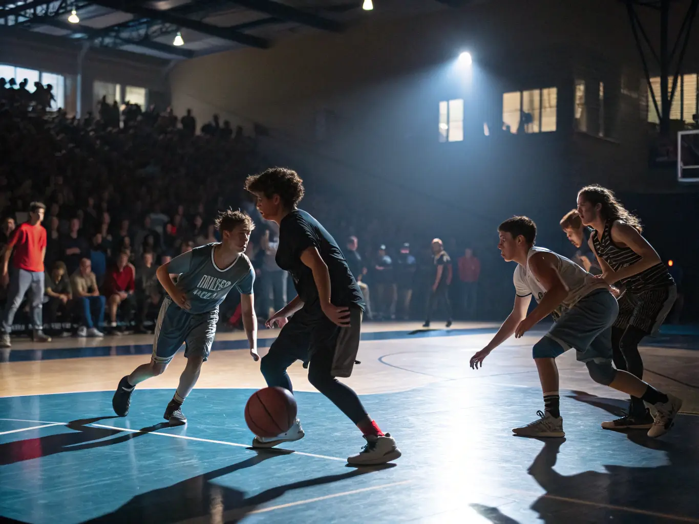 An inspiring image of adults playing basketball in an indoor court, emphasizing fitness and camaraderie.
