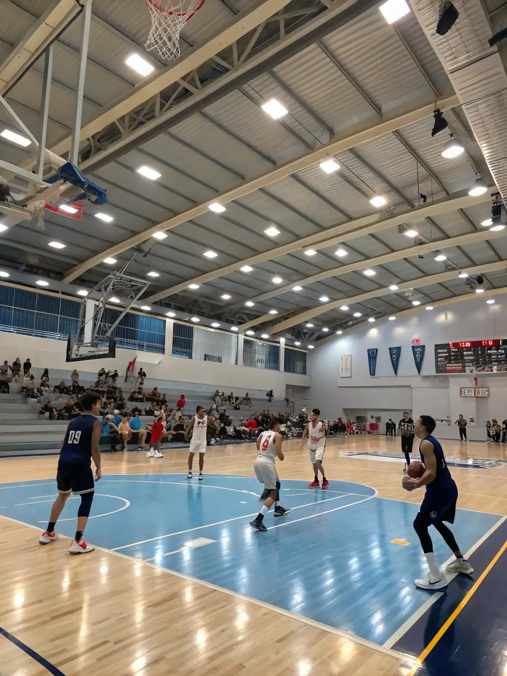 An action shot of adults playing basketball in an indoor court, showcasing the adult basketball league organized by ASS SPORTS LOISIRS DE LA VALLEE DE L ECHELLE.