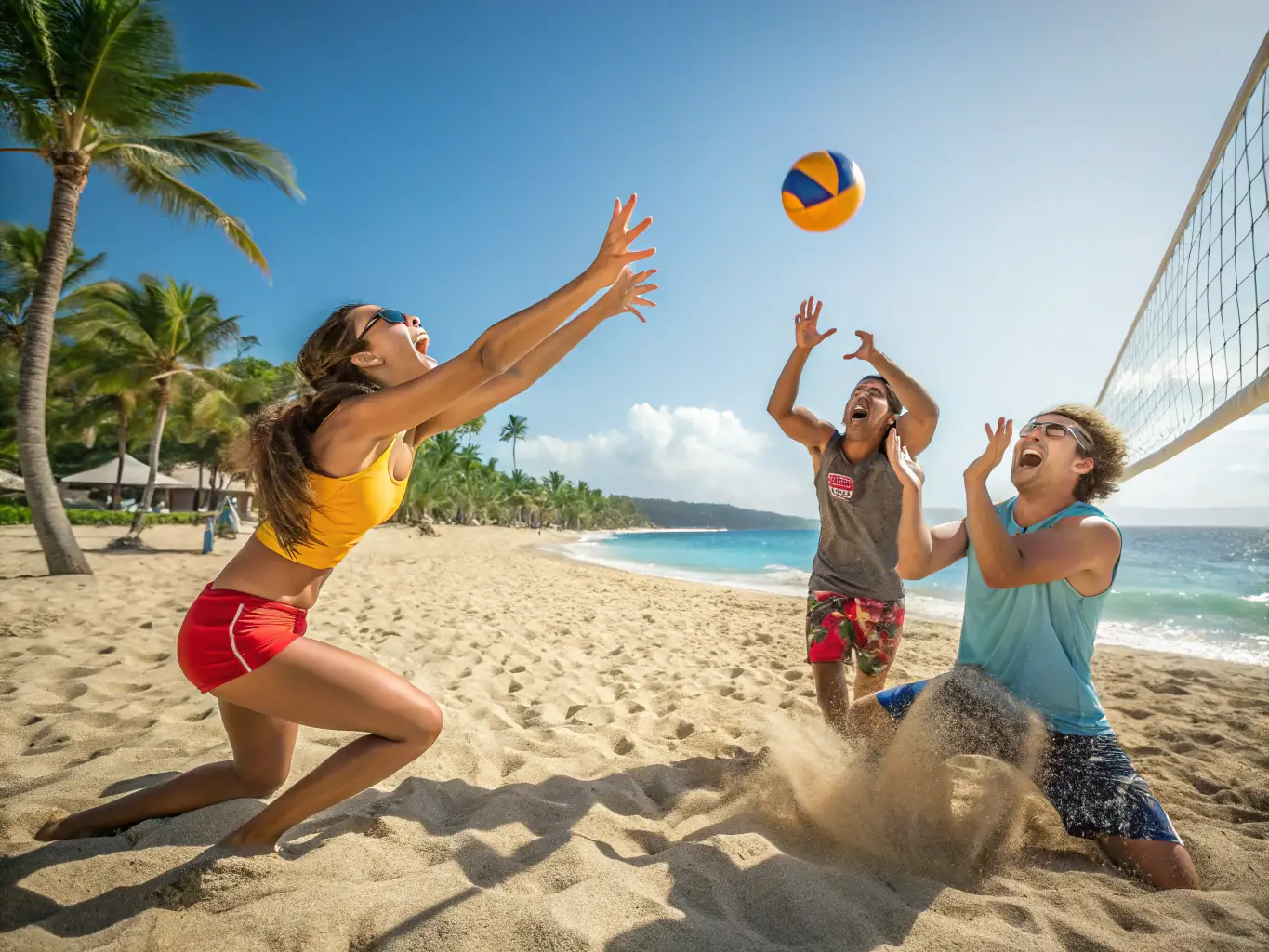 A group of people of different ages participating in a volleyball game on a beach, highlighting inclusivity and fun.