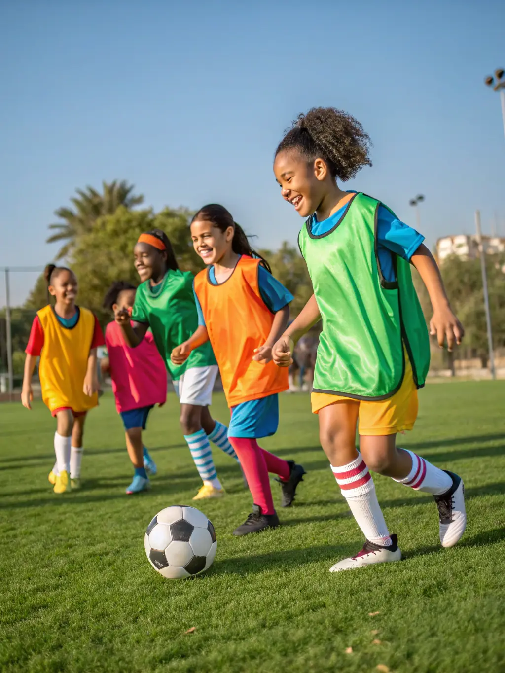 A photograph capturing a diverse group of children playing soccer together in a sunny field, showcasing teamwork and fun.
