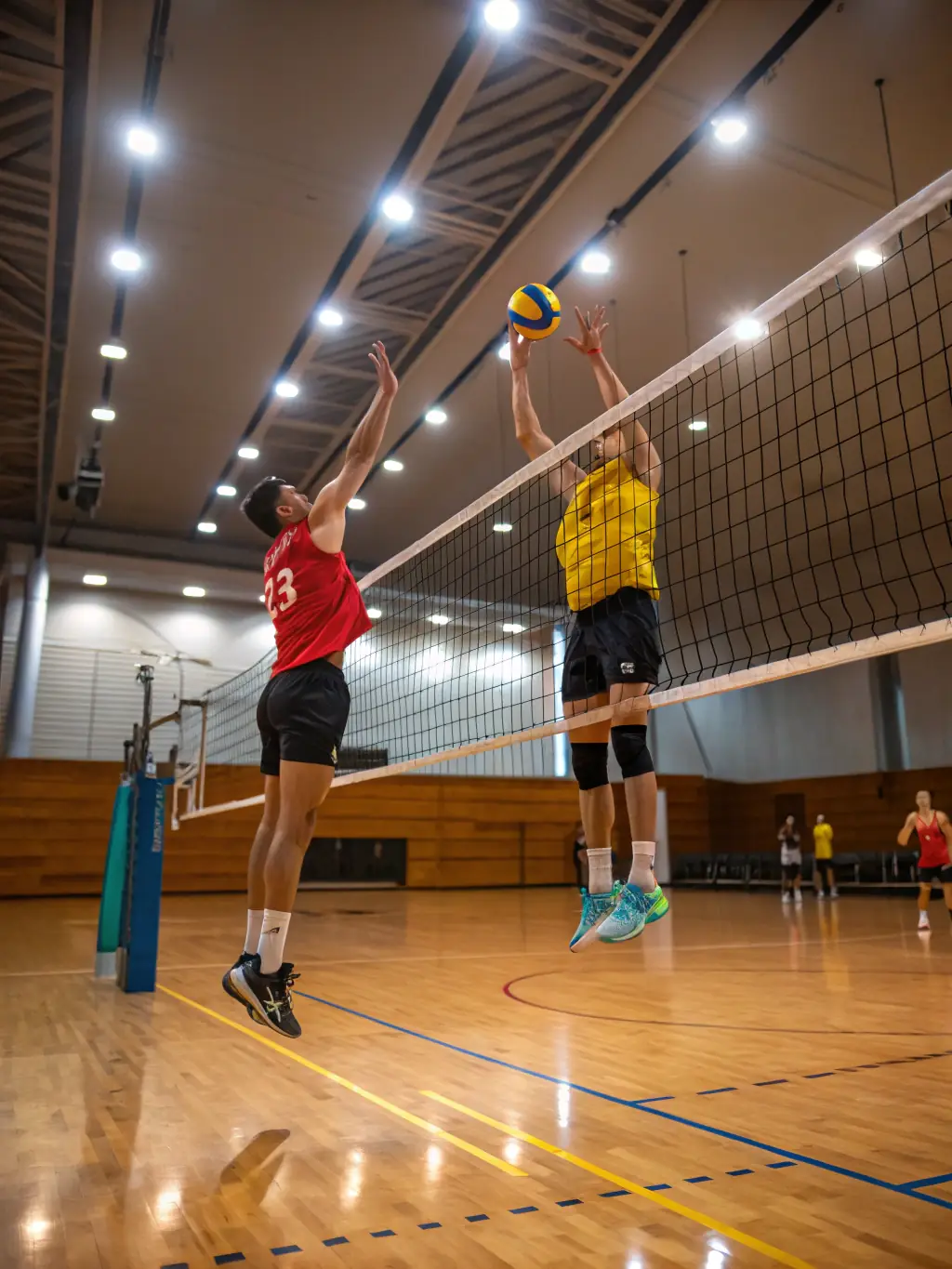 A picture of a volleyball game in progress, with players diving and spiking, illustrating the excitement and skill development opportunities.