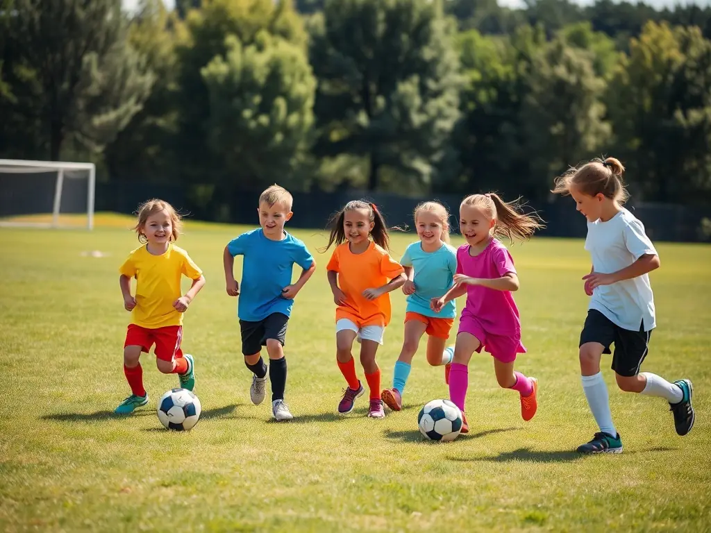 A dynamic image of children playing soccer in a sunny field, showcasing teamwork and active participation.