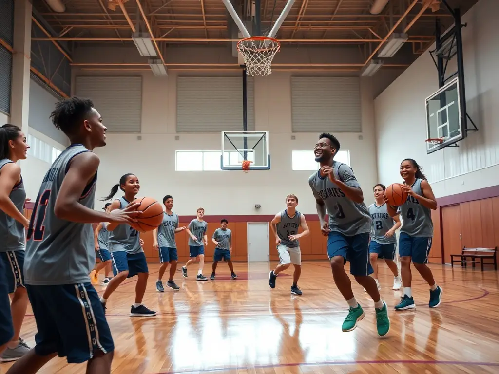 An action shot of adults playing basketball in an indoor court, highlighting the adult basketball league organized by ASS SPORTS LOISIRS DE LA VALLEE DE L ECHELLE.