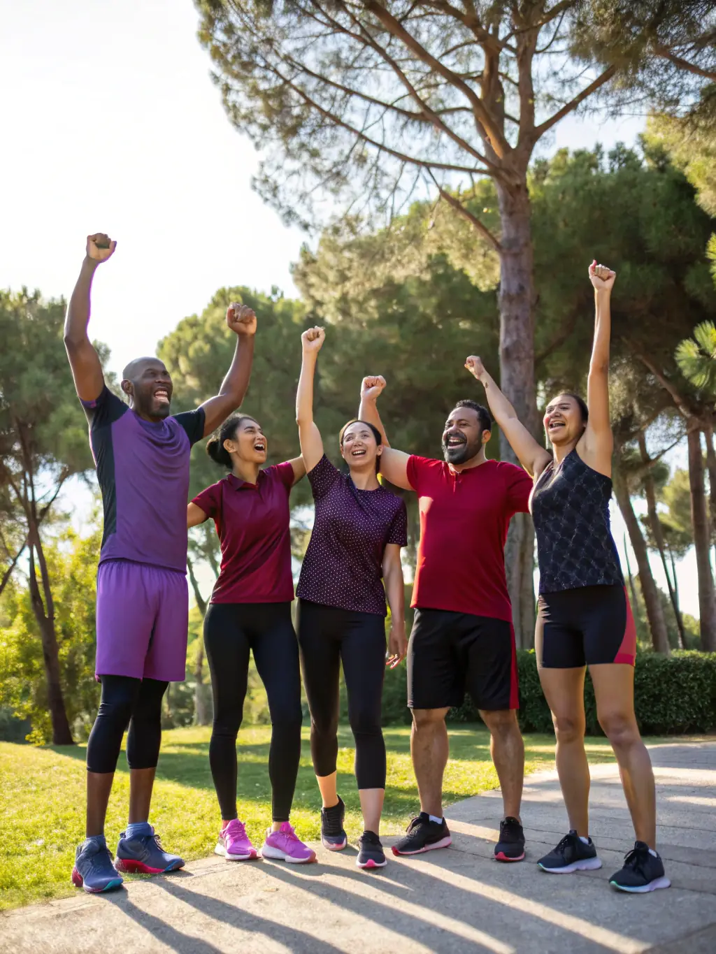 A photo of a group of people of different ages and backgrounds laughing together after a sports event, highlighting the sense of community.