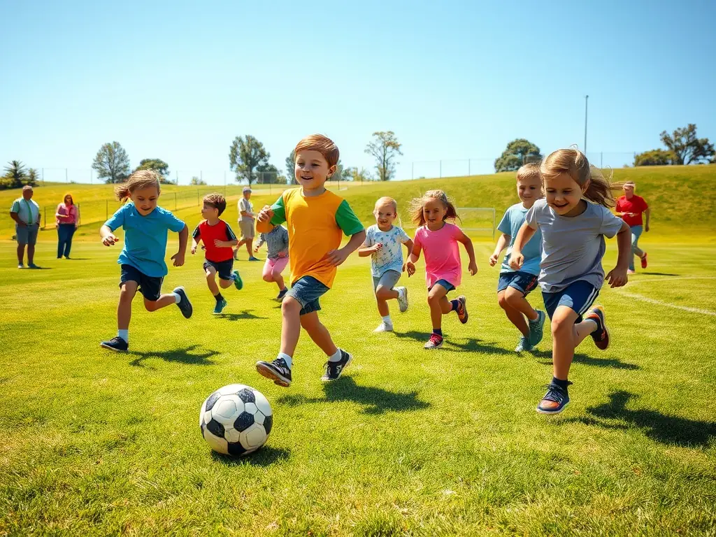 A vibrant image showcasing children playing soccer in a sunny field, representing the youth soccer program offered by ASS SPORTS LOISIRS DE LA VALLEE DE L ECHELLE.