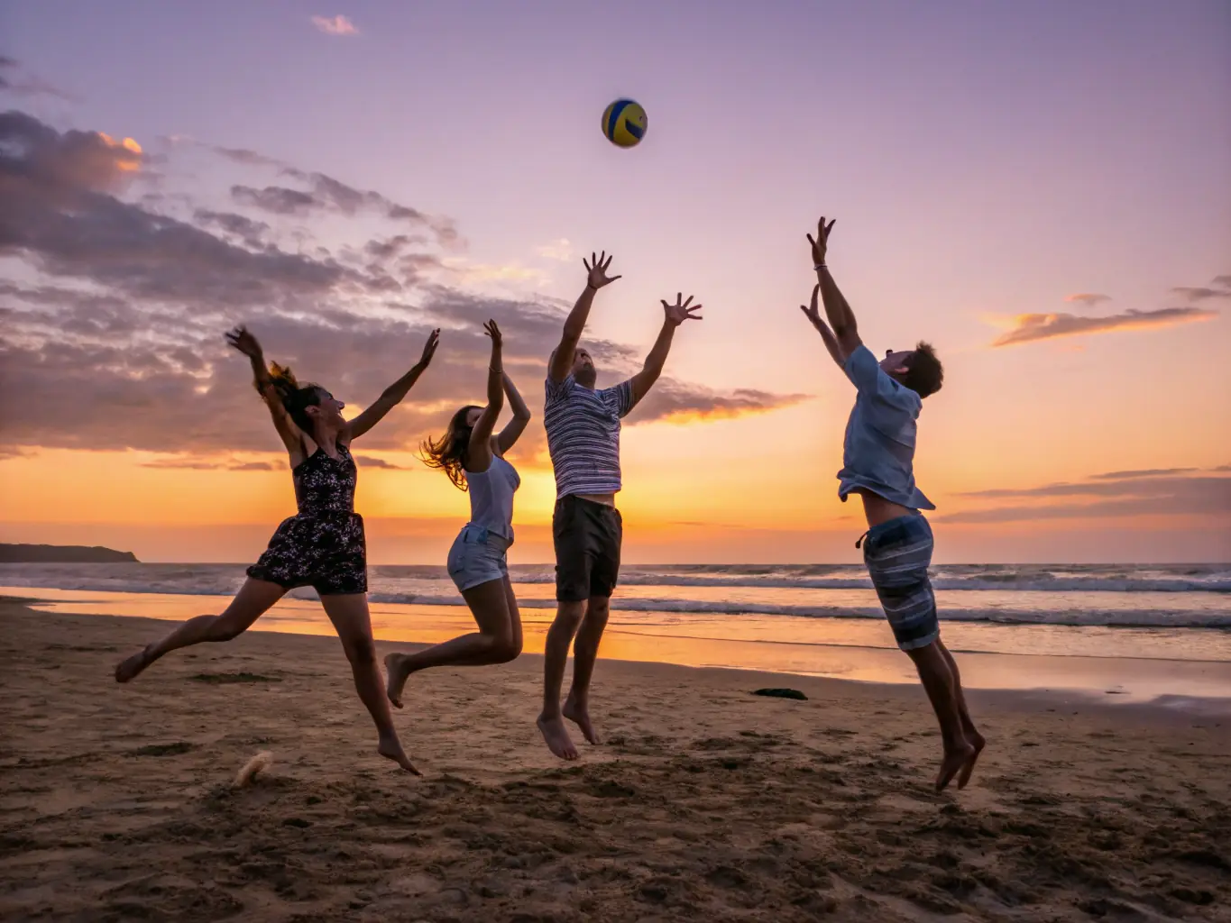 A dynamic image of people participating in a volleyball match on a beach, representing the beach volleyball tournaments hosted by ASS SPORTS LOISIRS DE LA VALLEE DE L ECHELLE.